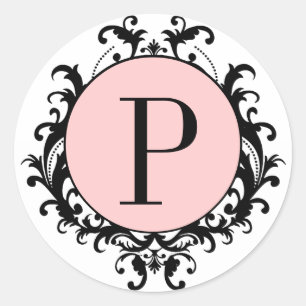 Zwart Wit Bruiloft Monogram P Damask Roze Label