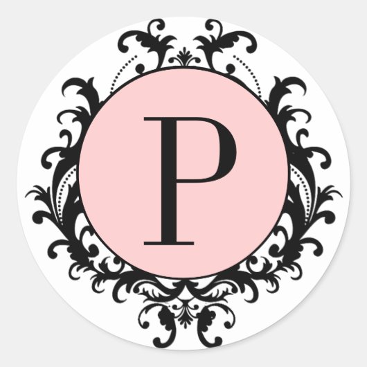 Zwart Wit Bruiloft Monogram P Damask Roze Label (Voorkant)