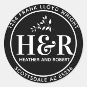 Zwart-wit Bruiloft Monogram Retouradres Ronde Sticker (Voorkant)