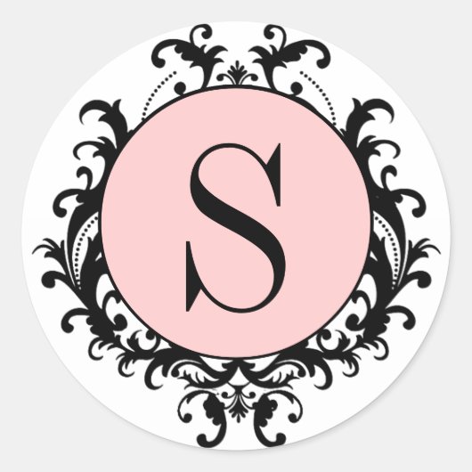 Zwart Wit Bruiloft Monogram S Damask Roze Label (Voorkant)