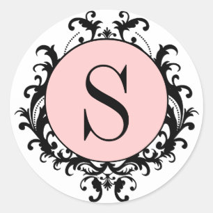 Zwart Wit Bruiloft Monogram S Damask Roze Label