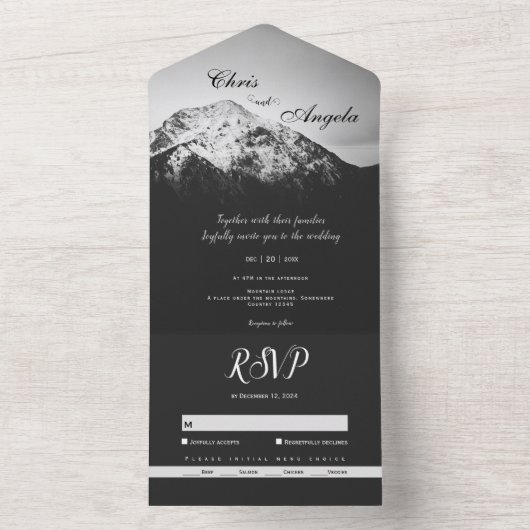 Zwart-wit bruiloft onder de bergen all in one uitnodiging (Binnen)