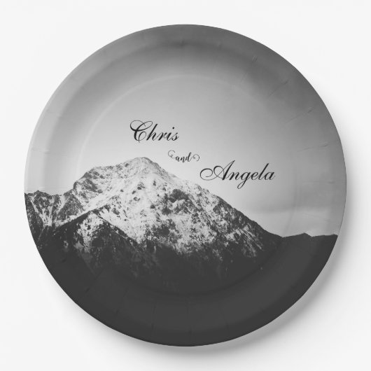 Zwart-wit bruiloft onder de bergen papieren bordje (Voorkant)