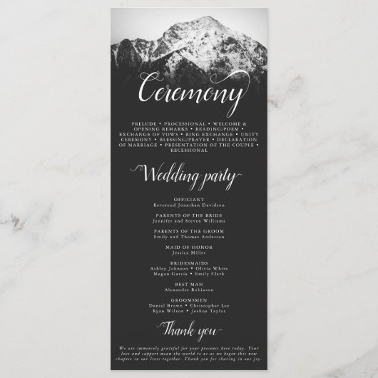 Zwart-wit bruiloft onder de bergen programmakaart (Achterkant)
