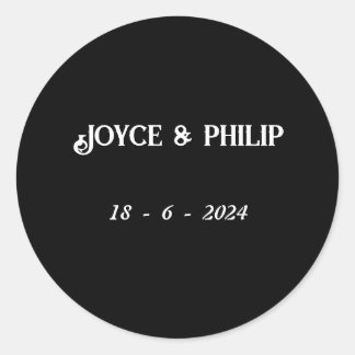 Zwart-wit bruiloft paar naam en datum ronde sticker