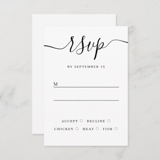Zwart-wit bruiloft reactie | elegant script RSVP kaartje (Voorkant / Achterkant)