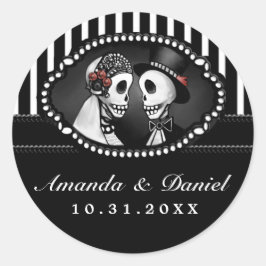 Zwart Wit Bruiloft Skeletten Streep Namen Rond Ronde Sticker