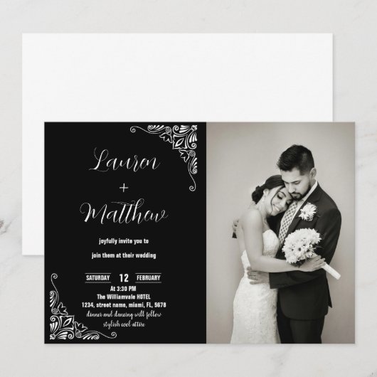 Zwart-wit bruiloft uitnodigingen met foto (Voorkant / Achterkant)