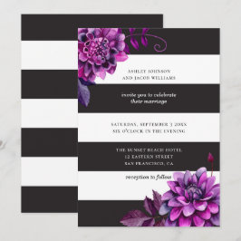Zwart-wit bruiloft. Waterverf paarse bloemen Kaart