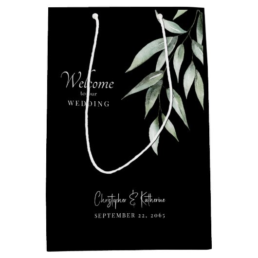 Zwart & Wit Bruiloft Welkom Foliage Medium Cadeauzakje (Voorkant)