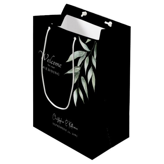 Zwart & Wit Bruiloft Welkom Foliage Medium Cadeauzakje (Voorkant Gekanteld)