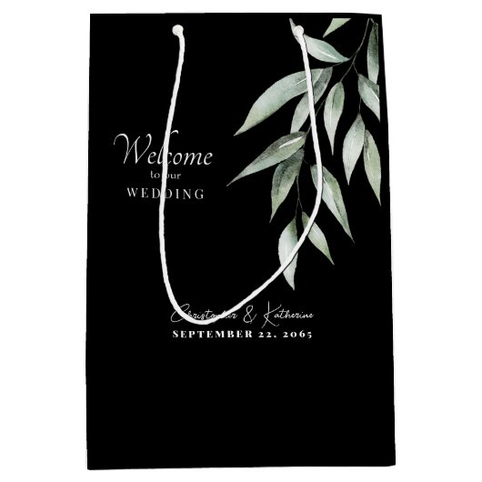 Zwart & Wit Bruiloft Welkom Foliage Medium Cadeauzakje (Voorkant)