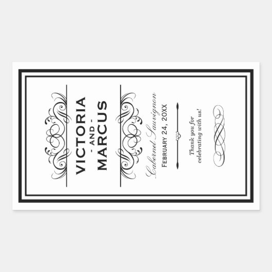 Zwart-wit Bruiloft Wijnfles Monogram Favor Rechthoekige Sticker (Voorkant)