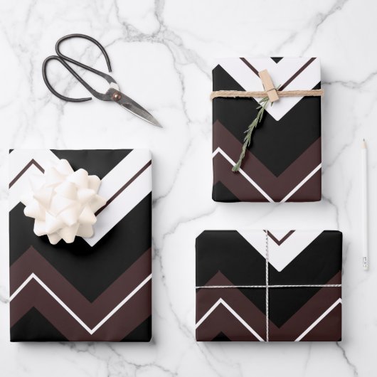 Zwart Wit Bruin Chevron Stripe Inpakpapier Vel (Voorkant)