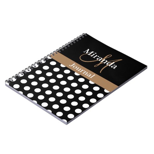 Zwart Wit Bruin Monogram Script Polka Dot Notitieboek (Linkerzijde)