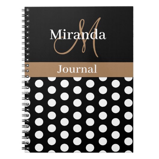Zwart Wit Bruin Monogram Script Polka Dot Notitieboek (Voorkant)