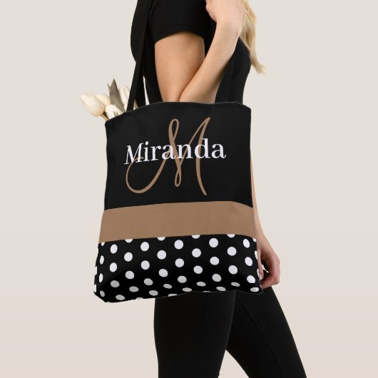 Zwart Wit Bruin Monogram Script Polka Dots Tote Bag (Dichtbij)