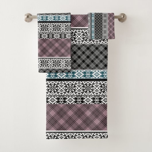 Zwart-wit bruin patchwork kant bad handdoek (Insitu)