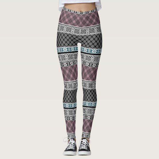 Zwart-wit bruin patchwork kant leggings (Voorkant)