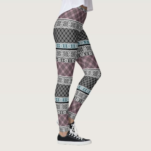 Zwart-wit bruin patchwork kant leggings (Rechts)