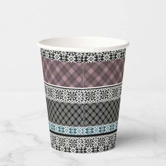Zwart-wit bruin patchwork kant papieren bekers (Rechts)