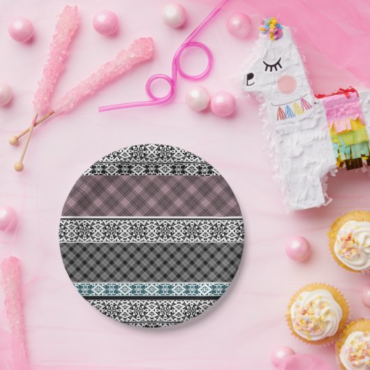 Zwart-wit bruin patchwork kant papieren bordje (Feest)