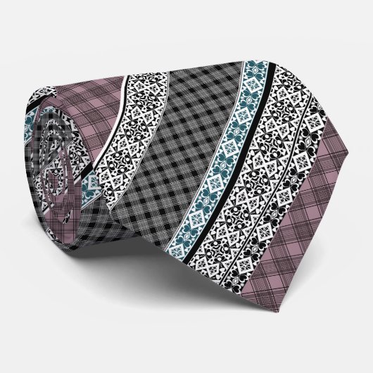 Zwart-wit bruin patchwork kant stropdas (Opgerold)