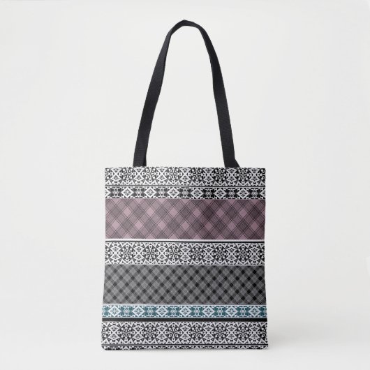 Zwart-wit bruin patchwork kant tote bag (Voorkant)