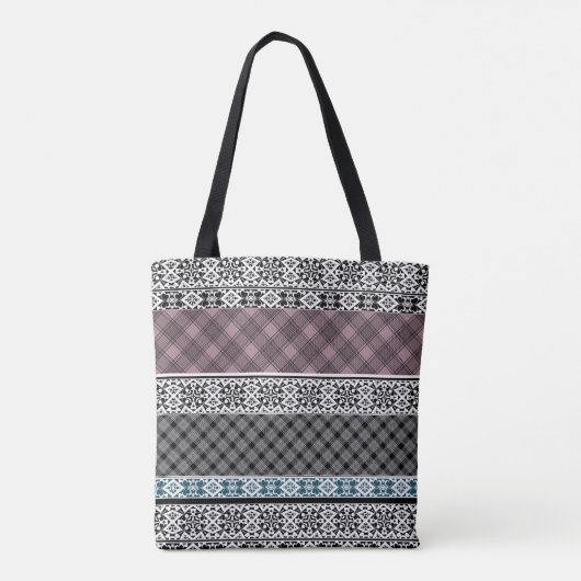 Zwart-wit bruin patchwork kant tote bag (Achterkant)