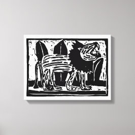 Zwart-wit brullende Leeuw Lino Cut Canvas Afdruk