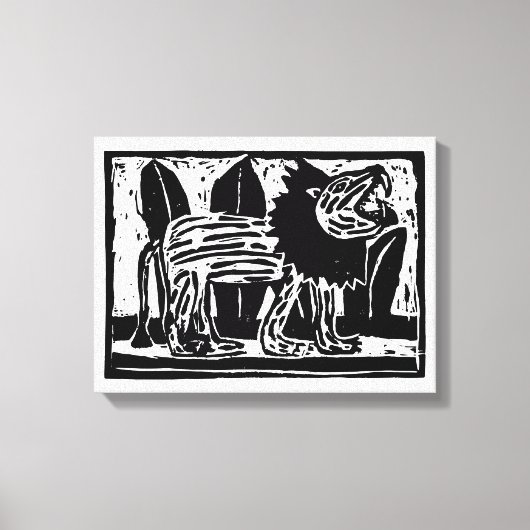 Zwart-wit brullende Leeuw Lino Cut Canvas Afdruk (Voorkant)