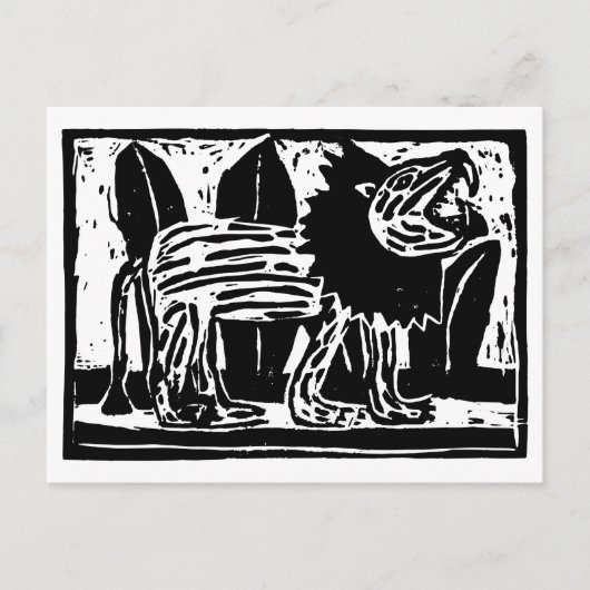 Zwart-wit brullende Leeuw Lino Cut Feestdagenkaart (Voorkant)