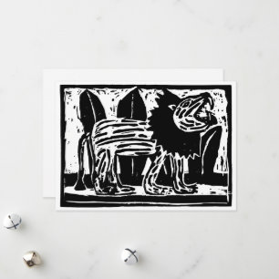 Zwart-wit brullende Leeuw Lino Cut Feestdagenkaart