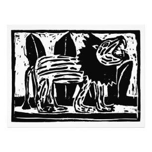Zwart-wit brullende Leeuw Lino Cut Foto Afdruk