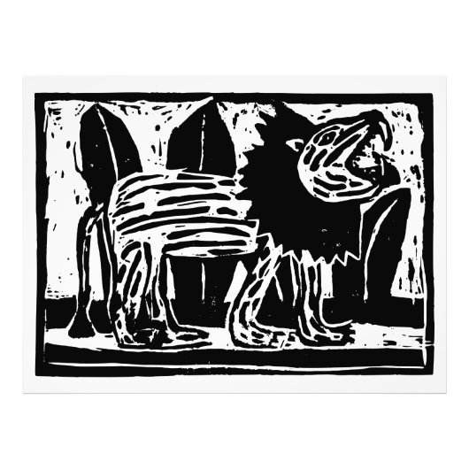 Zwart-wit brullende Leeuw Lino Cut Foto Afdruk (Voorkant)