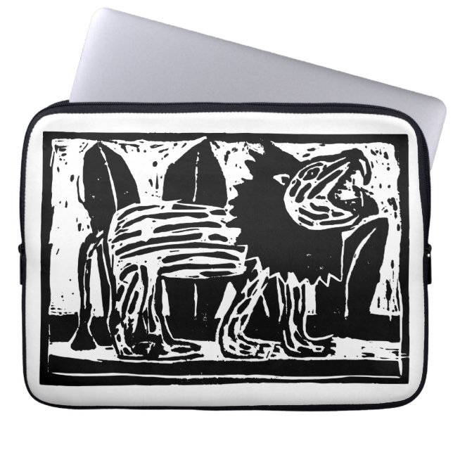 Zwart-wit brullende Leeuw Lino Cut Laptop Sleeve (Voorkant)