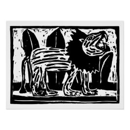 Zwart-wit brullende Leeuw Lino Cut Perfect Poster