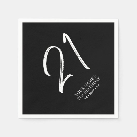 Zwart & Wit | Brush Script 21e verjaardagsfeestje Servet (Voorkant)