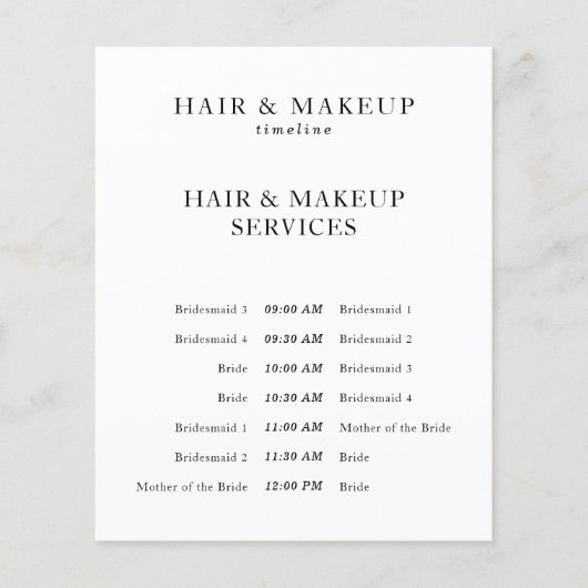 Zwart Wit Budget Bruiloft Haar Make-up Tijdlijn Flyer (Voorkant)