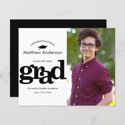 Zwart-wit budget foto afstuderen uitnodiging (Voorkant / Achterkant)