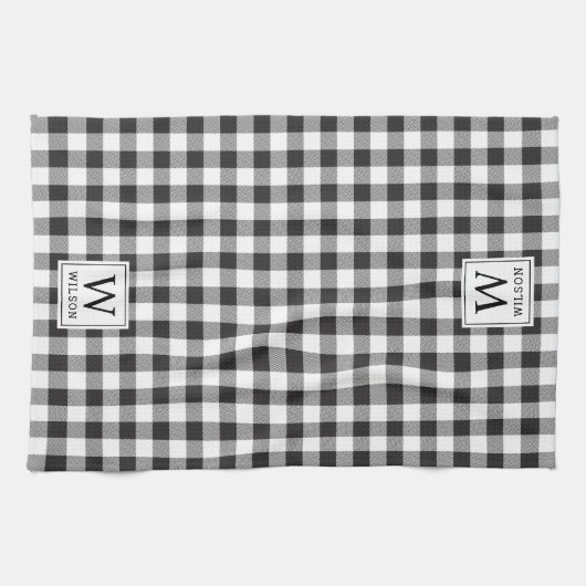 Zwart-wit Buffalo Check Monogram Kerst Theedoek (Horizontaal)