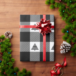 Zwart-wit Buffalo geruit met Kerstbomen Cadeaupapier