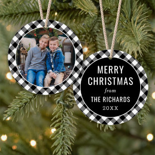 Zwart-wit Buffalo geruite familienaam foto Ornament