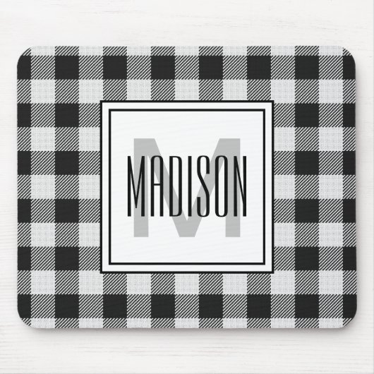 Zwart-wit Buffalo Plaid/Check Monogrammed Muismat (Voorkant)
