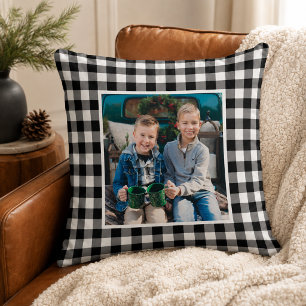 Zwart Wit Buffalo Plaid Foto Kerstmis Kussen