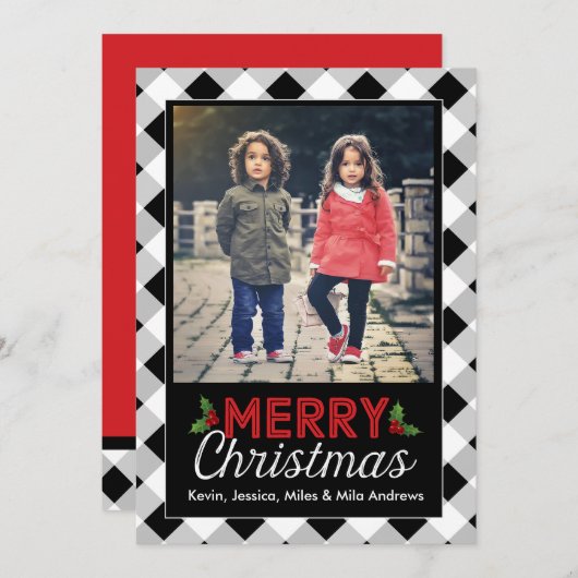 Zwart-wit Buffalo Plaid Kerstkaart (Voorkant / Achterkant)