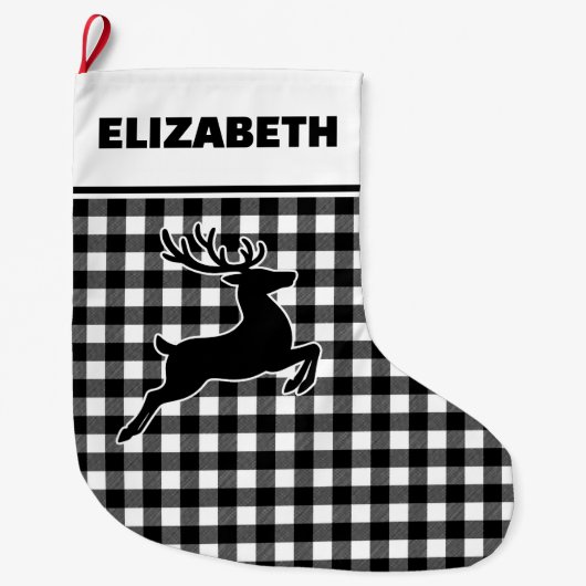 Zwart-wit Buffalo Plaid met Rendier Custom Grote Kerstsok (Voorkant)