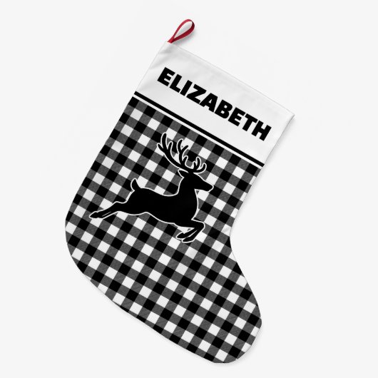 Zwart-wit Buffalo Plaid met Rendier Custom Grote Kerstsok (Voorkant (Hangend))