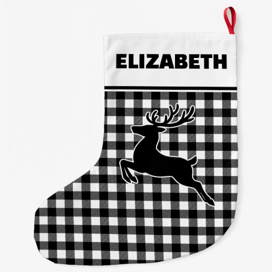 Zwart-wit Buffalo Plaid met Rendier Custom Grote Kerstsok (Achterkant)