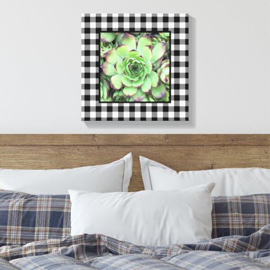 Zwart-wit Buffalo Plaid Square Foto Canvas Afdruk (Insitu (Slaapkamer))